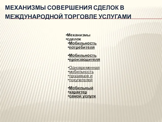 МЕХАНИЗМЫ СОВЕРШЕНИЯ СДЕЛОК В МЕЖДУНАРОДНОЙ ТОРГОВЛЕ УСЛУГАМИ Механизмы сделок Мобильность