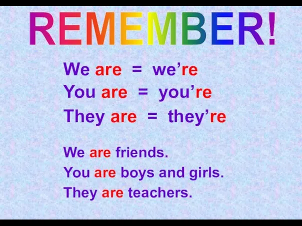 REMEMBER! We are = we’re You are = you’re They
