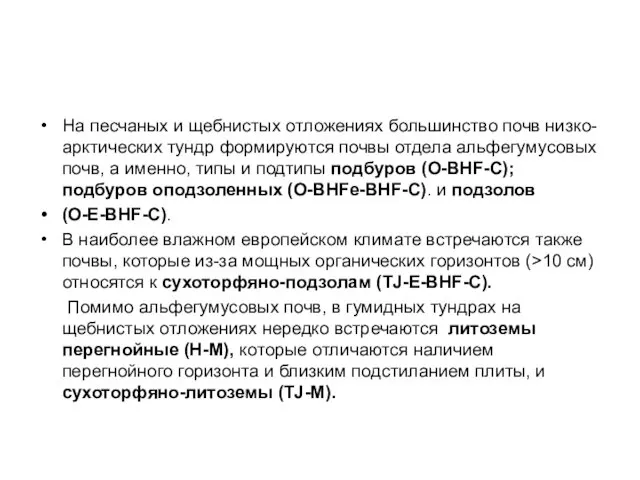 На песчаных и щебнистых отложениях большинство почв низко-арктических тундр формируются