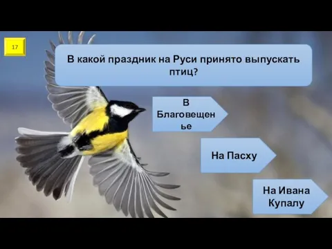 17 В какой праздник на Руси принято выпускать птиц? В Благовещенье На Пасху На Ивана Купалу