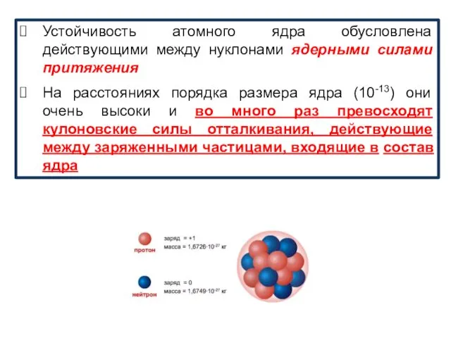 Устойчивость атомного ядра обусловлена действующими между нуклонами ядерными силами притяжения