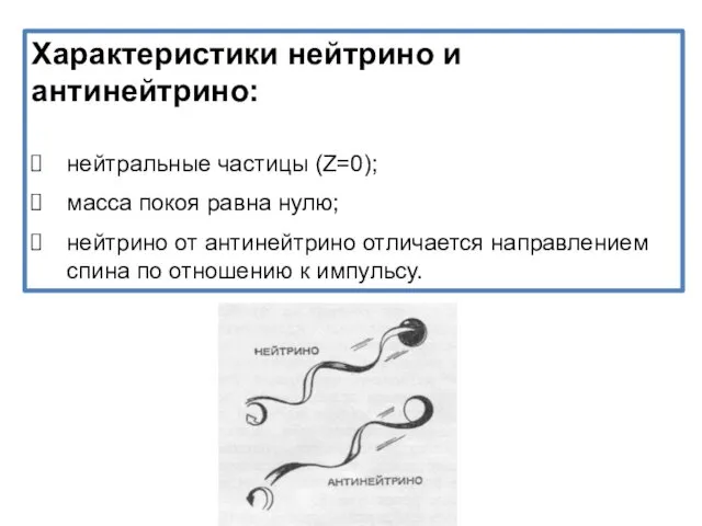 Характеристики нейтрино и антинейтрино: нейтральные частицы (Z=0); масса покоя равна