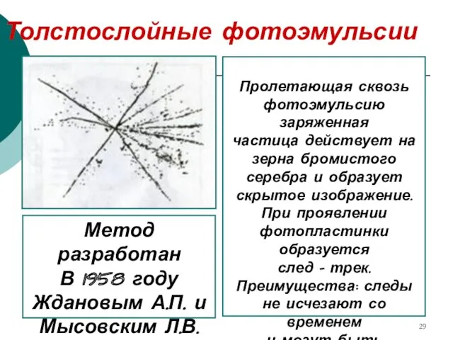 Толстослойные фотоэмульсии Метод разработан В 1958 году Ждановым А.П. и