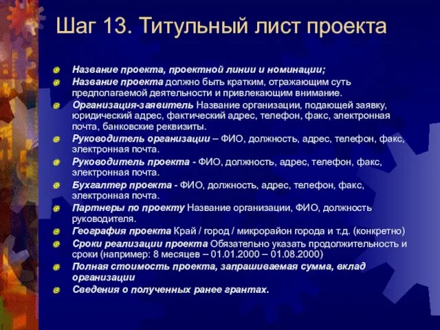 Шаг 13. Титульный лист проекта Название проекта, проектной линии и