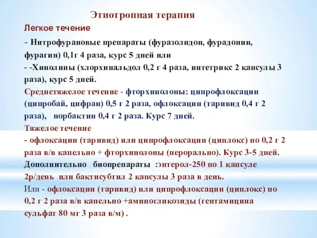 Этиотропная терапия Легкое течение - Нитрофурановые препараты (фуразолидон, фурадонин, фурагин)