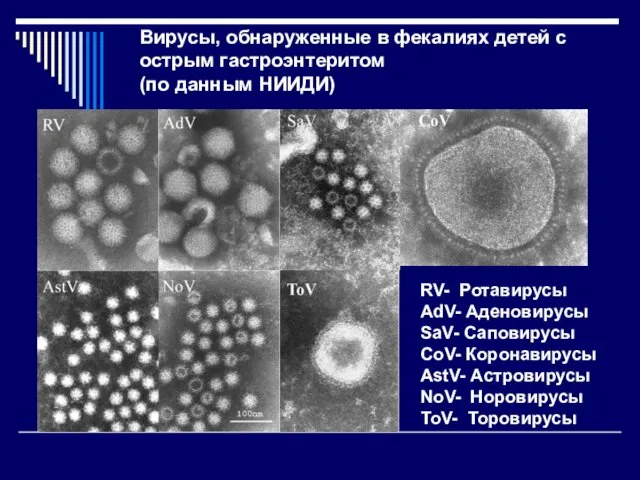 Вирусы, обнаруженные в фекалиях детей с острым гастроэнтеритом (по данным