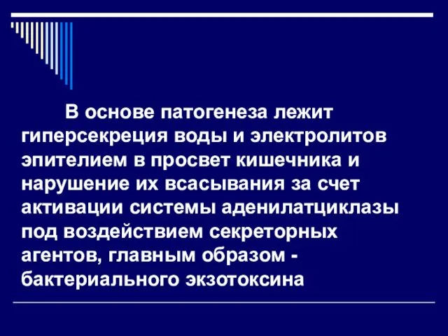 В основе патогенеза лежит гиперсекреция воды и электролитов эпителием в