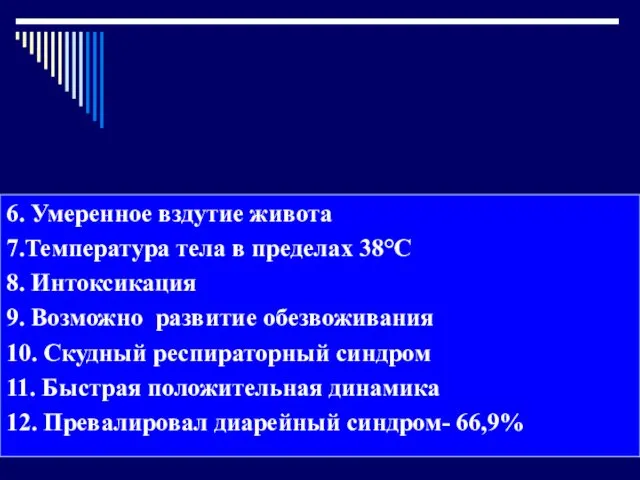 6. Умеренное вздутие живота 7.Температура тела в пределах 38°С 8.