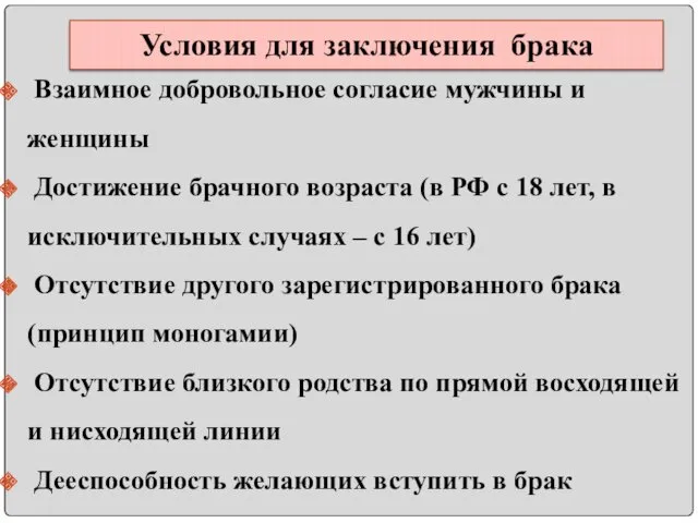 Условия для заключения брака Взаимное добровольное согласие мужчины и женщины