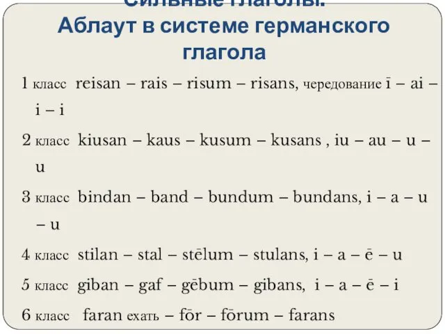 Сильные глаголы. Аблаут в системе германского глагола 1 класс reisan