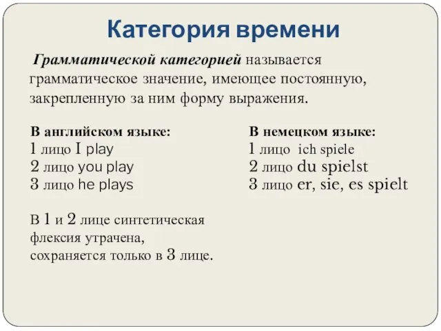 Категория времени Грамматической категорией называется грамматическое значение, имеющее постоянную, закрепленную