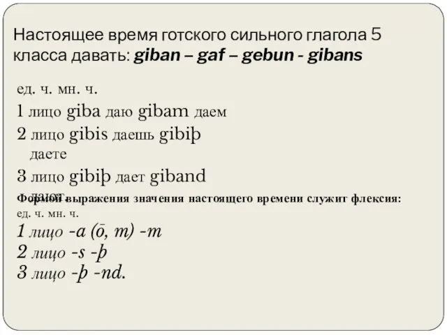 Настоящее время готского сильного глагола 5 класса давать: giban –