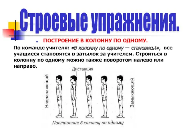 ПОСТРОЕНИЕ В КОЛОННУ ПО ОДНОМУ. По команде учителя: «В колонну