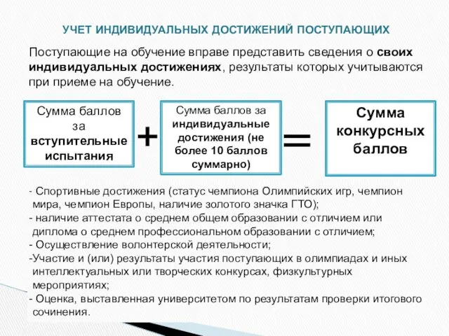 УЧЕТ ИНДИВИДУАЛЬНЫХ ДОСТИЖЕНИЙ ПОСТУПАЮЩИХ Поступающие на обучение вправе представить сведения