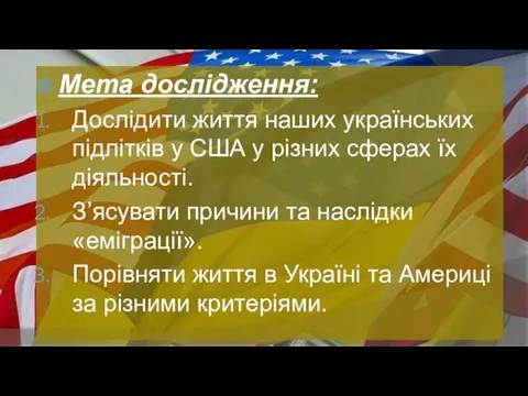 Мета дослідження: Дослідити життя наших українських підлітків у США у