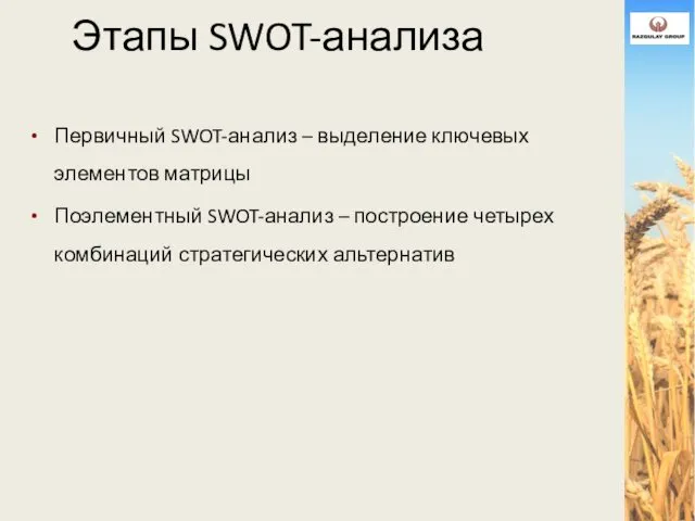 Этапы SWOT-анализа Первичный SWOT-анализ – выделение ключевых элементов матрицы Поэлементный