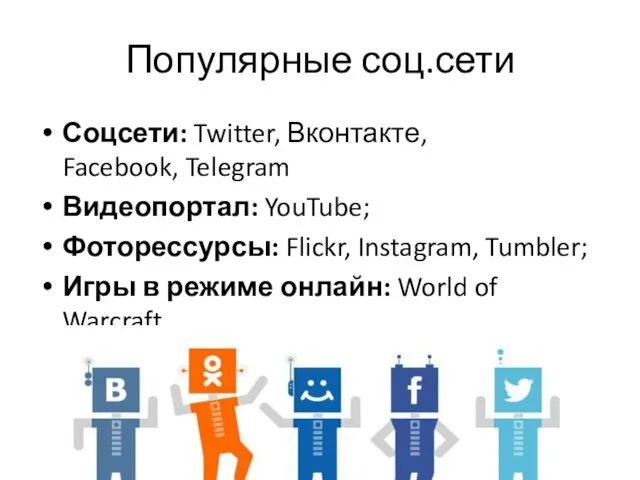 Популярные соц.сети Соцсети: Twitter, Вконтакте, Facebook, Telegram Видеопортал: YouTube; Фоторессурсы: