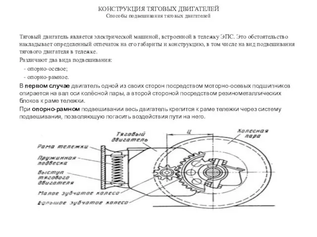 КОНСТРУКЦИЯ ТЯГОВЫХ ДВИГАТЕЛЕЙ Способы подвешивания тяговых двигателей Тяговый двигатель является