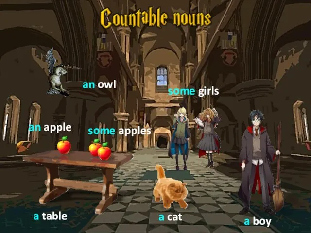 an owl some girls a table a cat a boy an apple some apples