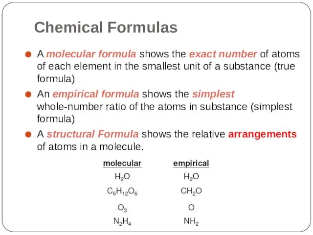 Chemical Formulas A molecular formula shows the exact number of