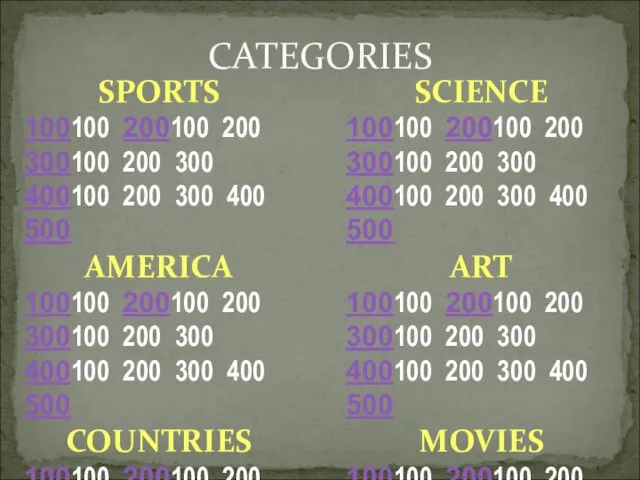 CATEGORIES SPORTS 100100 200100 200 300100 200 300 400100 200