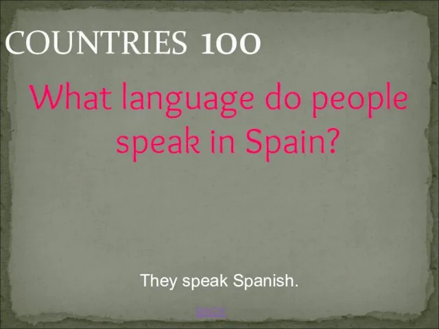 COUNTRIES 100 BACK They speak Spanish. What language do people speak in Spain?