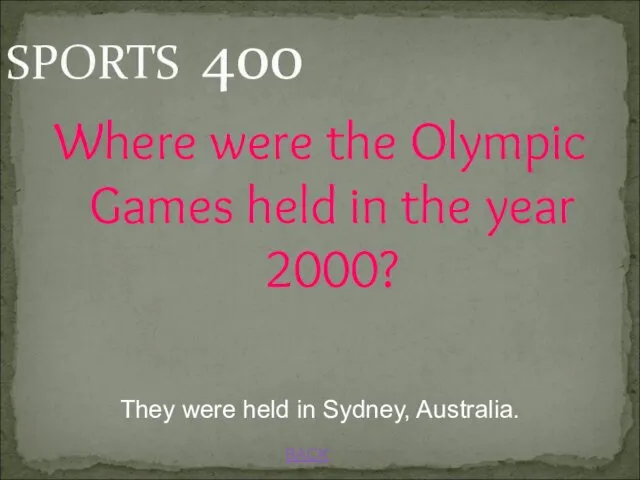 BACK SPORTS 400 They were held in Sydney, Australia. Where