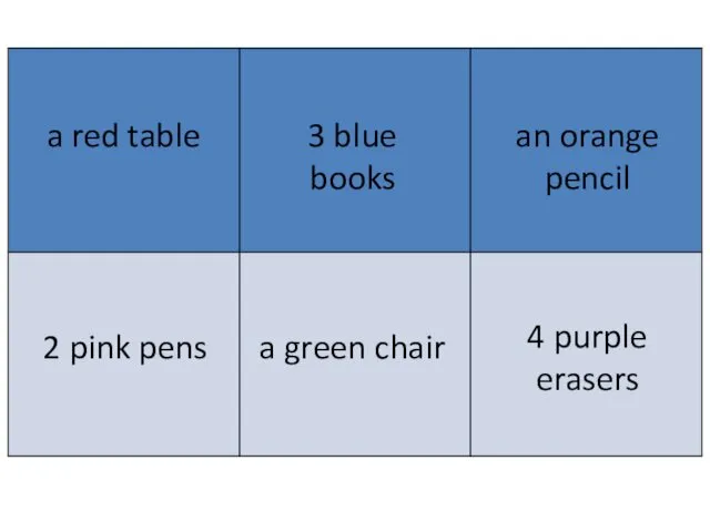 a red table 3 blue books an orange pencil 2