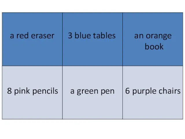 a red eraser 3 blue tables an orange book 8