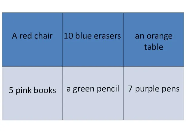 A red chair 10 blue erasers an orange table 5