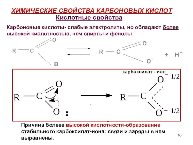 ХИМИЧЕСКИЕ СВОЙСТВА КАРБОНОВЫХ КИСЛОТ карбоксилат - ион - Кислотные свойства