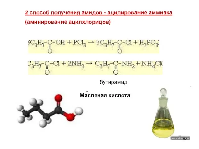 2 способ получения амидов - ацилирование аммиака (аминирование ацилхлоридов) Масляная кислота бутирамид