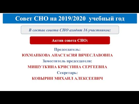 Совет СНО на 2019/2020 учебный год Председатель: ЮХМАНКОВА АНАСТАСИЯ ВЯЧЕСЛАВОВНА