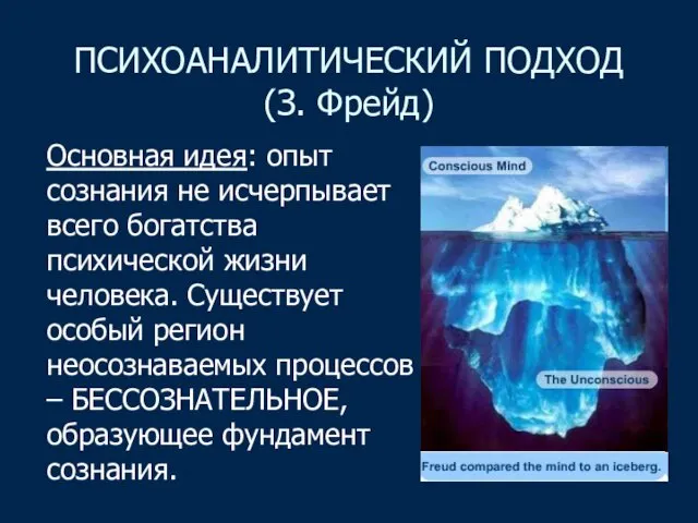 ПСИХОАНАЛИТИЧЕСКИЙ ПОДХОД (З. Фрейд) Основная идея: опыт сознания не исчерпывает