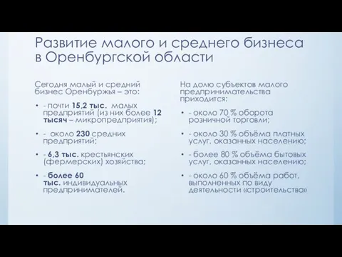 Развитие малого и среднего бизнеса в Оренбургской области Сегодня малый