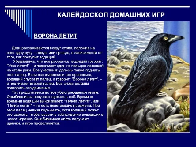 КАЛЕЙДОСКОП ДОМАШНИХ ИГР ВОРОНА ЛЕТИТ Дети рассаживаются вокруг стола, положив