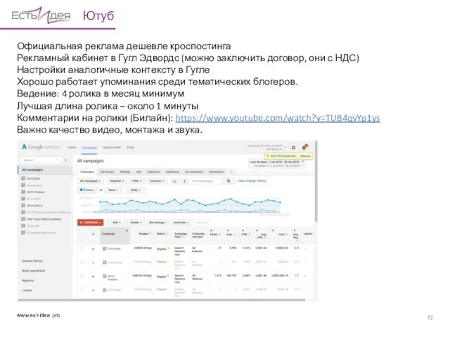 Ютуб Официальная реклама дешевле кроспостинга Рекламный кабинет в Гугл Эдвордс