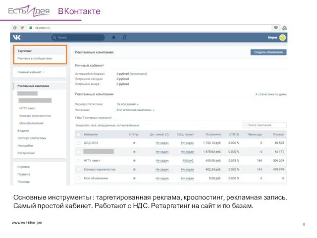 ВКонтакте Основные инструменты : таргетированная реклама, кроспостинг, рекламная запись. Самый