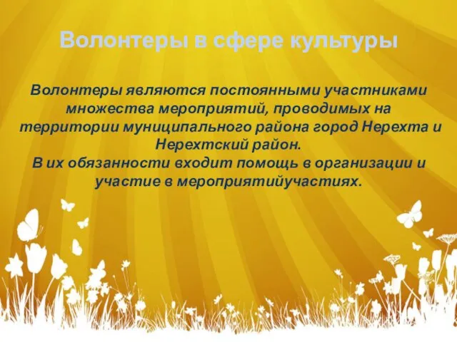 Волонтеры в сфере культуры Волонтеры являются постоянными участниками множества мероприятий,