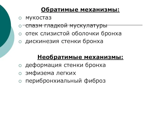 Обратимые механизмы: мукостаз спазм гладкой мускулатуры отек слизистой оболочки бронха