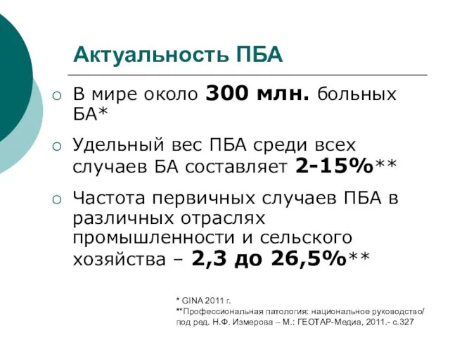 Актуальность ПБА В мире около 300 млн. больных БА* Удельный