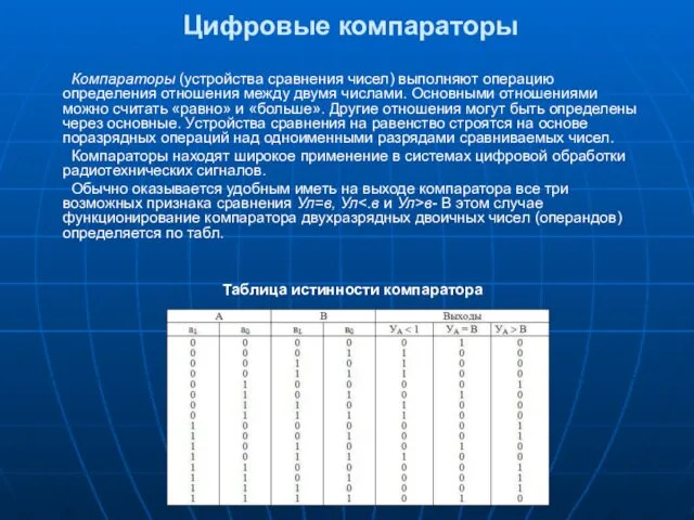 Цифровые компараторы Компараторы (устройства сравнения чисел) выполняют операцию определения отношения