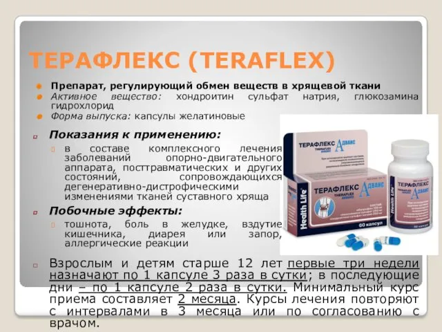 ТЕРАФЛЕКС (TERAFLEX) Препарат, регулирующий обмен веществ в хрящевой ткани Активное вещество: хондроитин сульфат