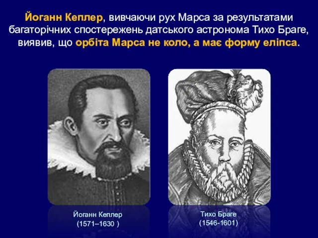 Йоганн Кеплер (1571–1630 ) Тихо Браге (1546-1601) Йоганн Кеплер, вивчаючи рух Марса за