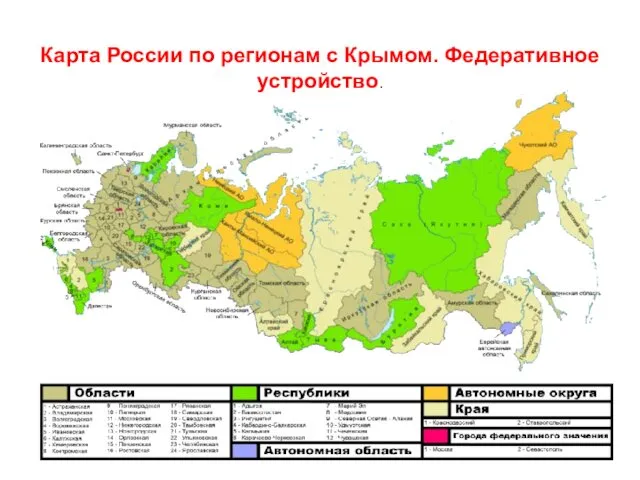 Карта России по регионам с Крымом. Федеративное устройство.