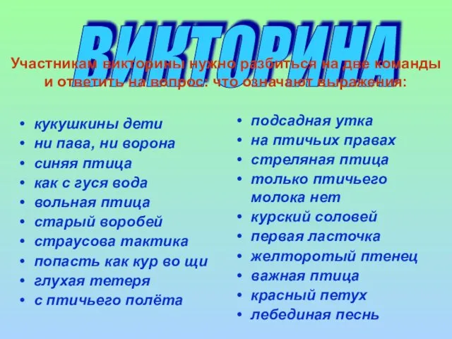 ВИКТОРИНА Участникам викторины нужно разбиться на две команды и ответить