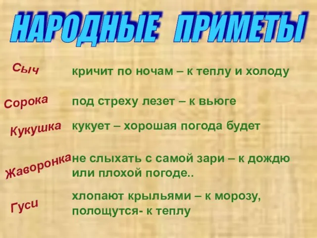 НАРОДНЫЕ ПРИМЕТЫ кричит по ночам – к теплу и холоду Сыч Сорока под