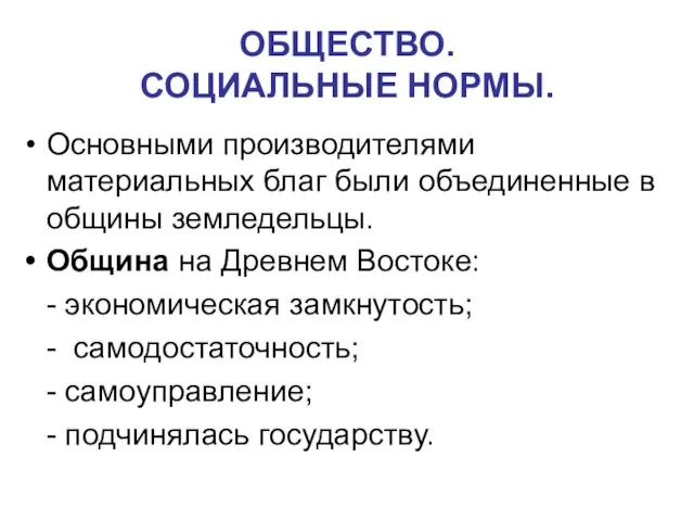 ОБЩЕСТВО. СОЦИАЛЬНЫЕ НОРМЫ. Основными производителями материальных благ были объединенные в