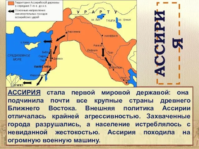 АССИРИЯ АССИРИЯ стала первой мировой державой: она подчинила почти все