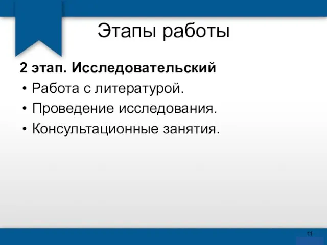 Этапы работы 2 этап. Исследовательский Работа с литературой. Проведение исследования. Консультационные занятия.